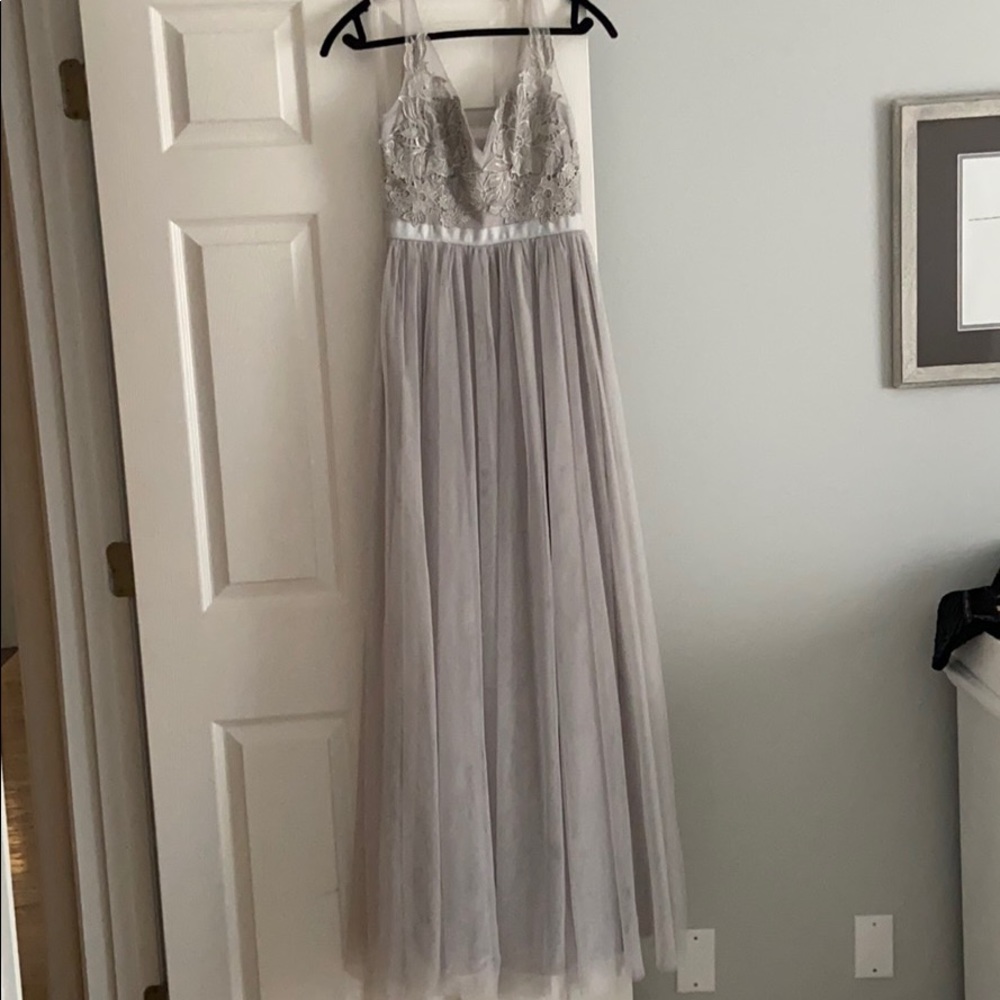 Grey gown with lace detail and tulle skirt